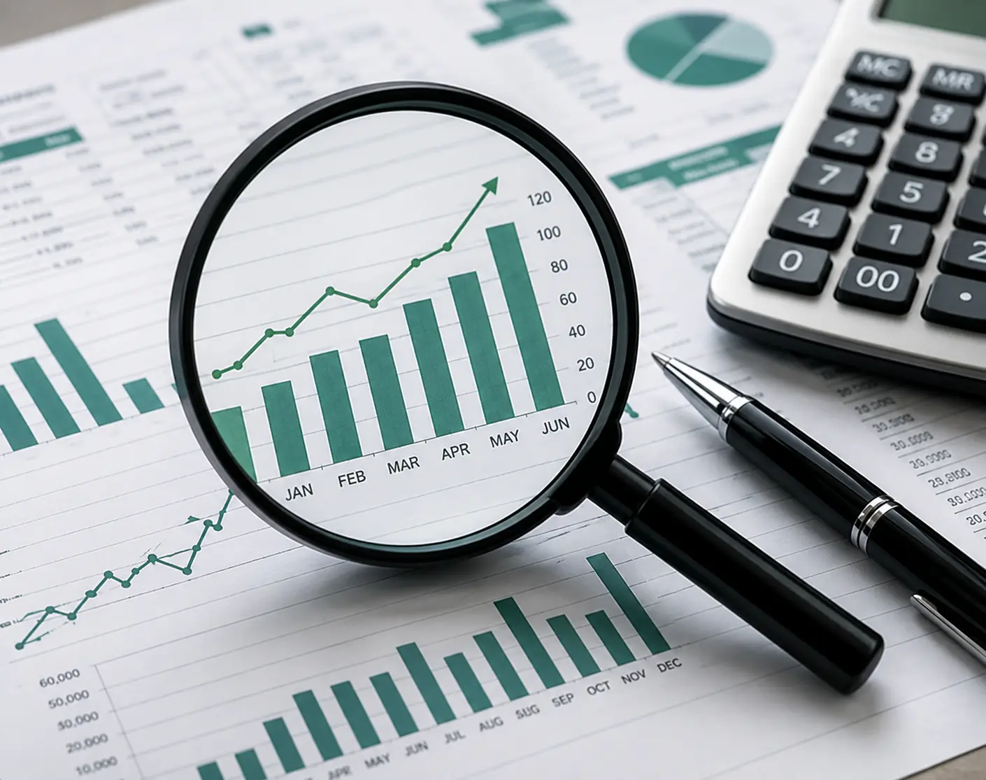 Magnifying glass over a rising monthly performance chart on a financial report
