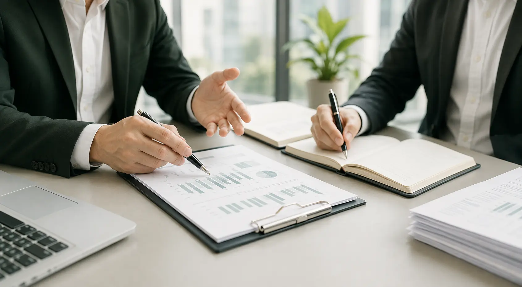 Two data-accounting.com advisors reviewing printed financial reports at a meeting table