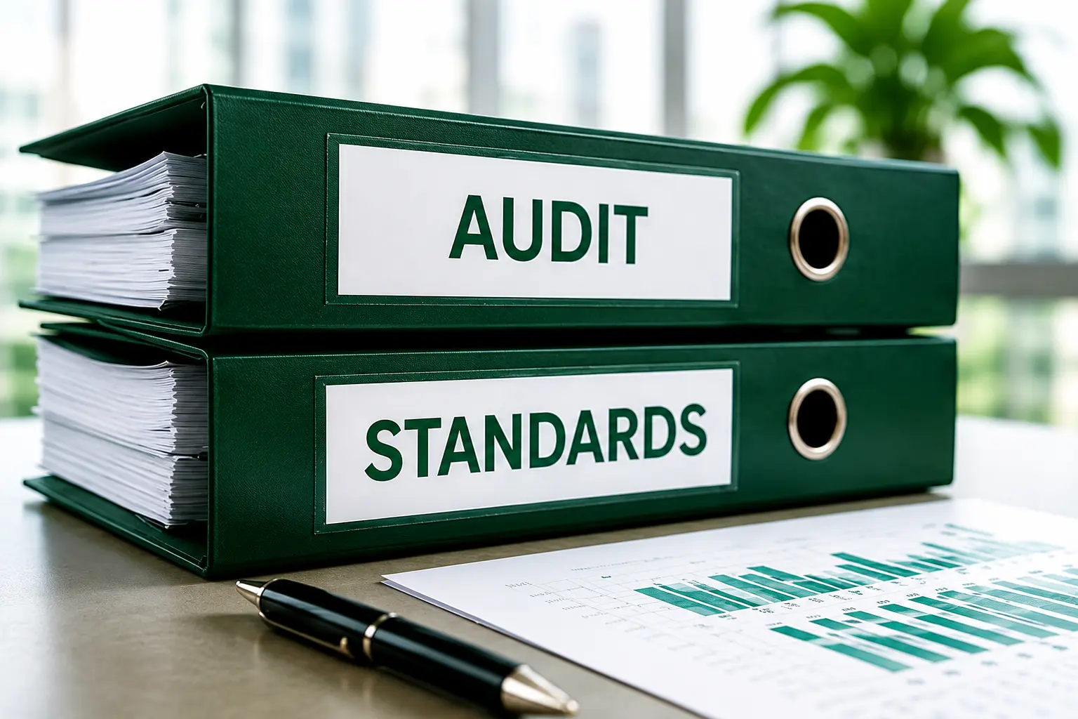 Green audit and standards binders stacked beside a control checklist report