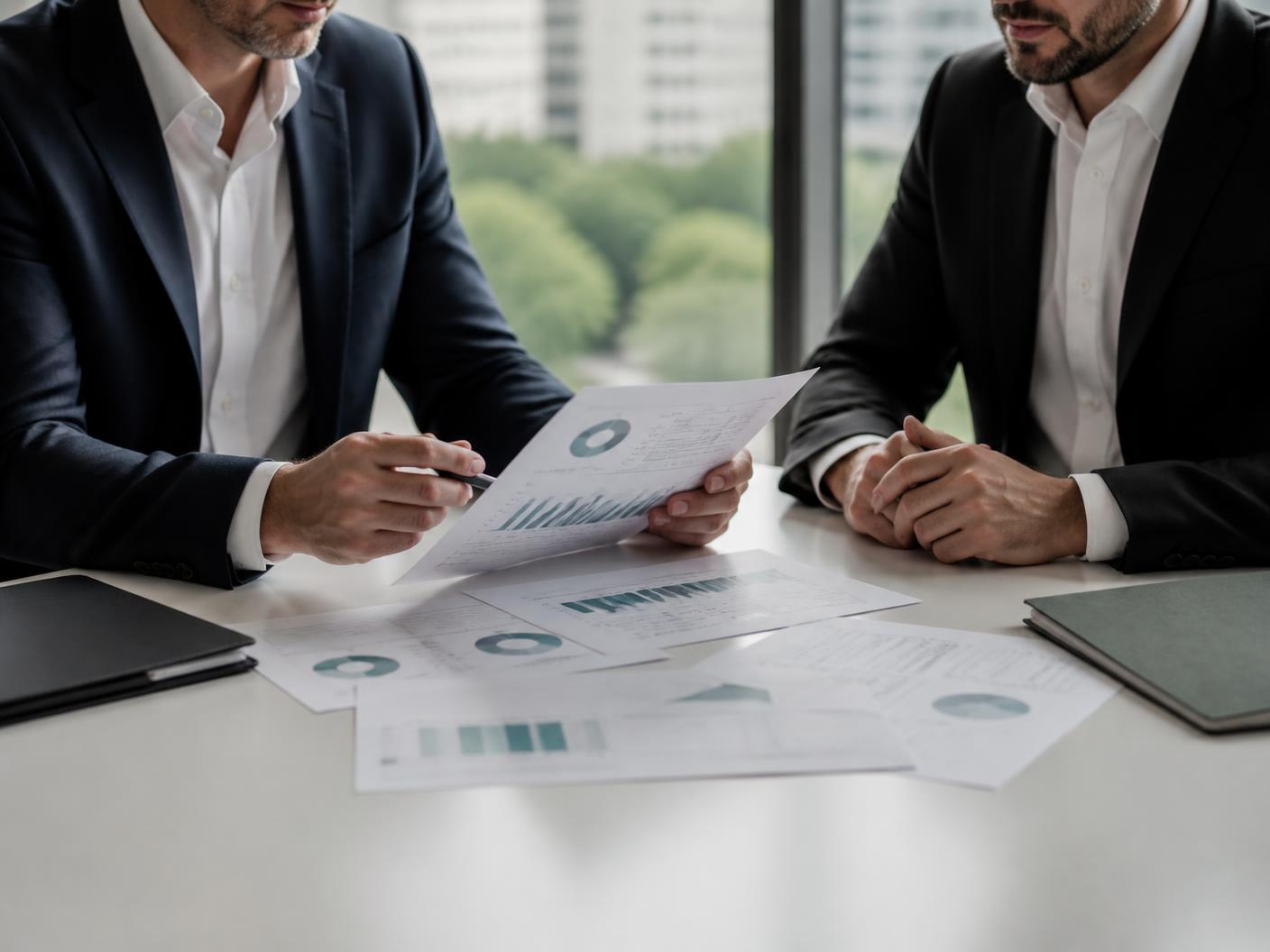 Two advisors discussing financial statements in a bright office