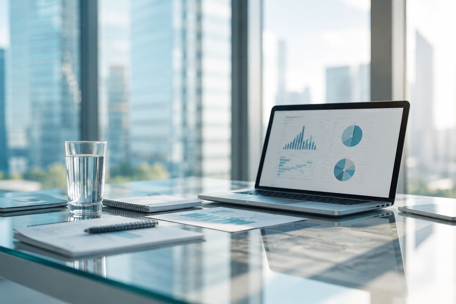Laptop showing financial dashboards on a glass desk with a city skyline behind