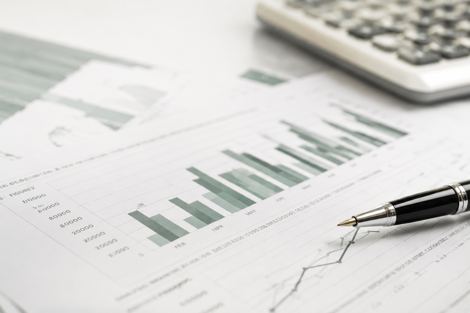 Printed management accounts with muted green bar charts and a fountain pen