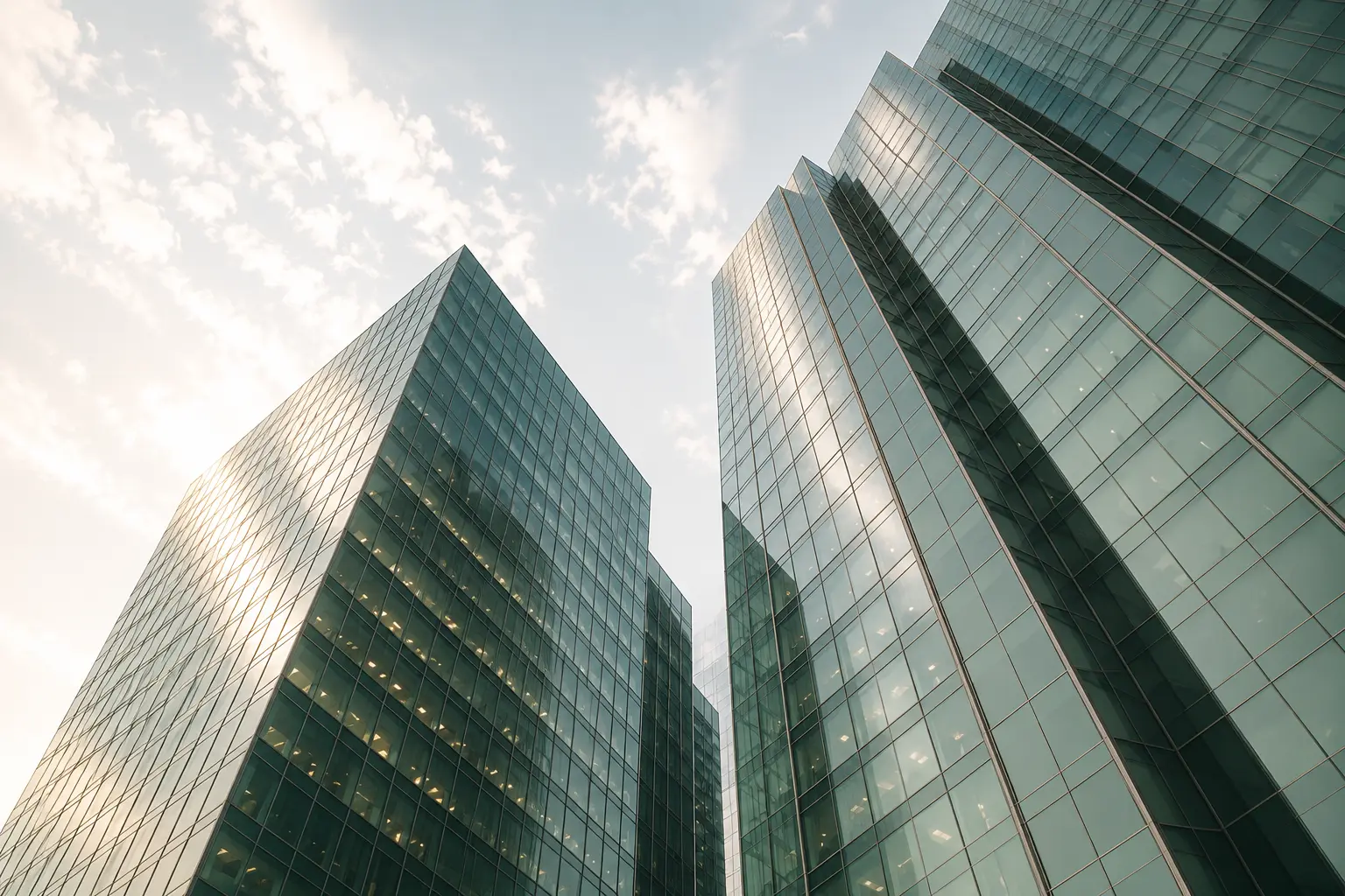Glass office towers rising against a bright sky, seen from below