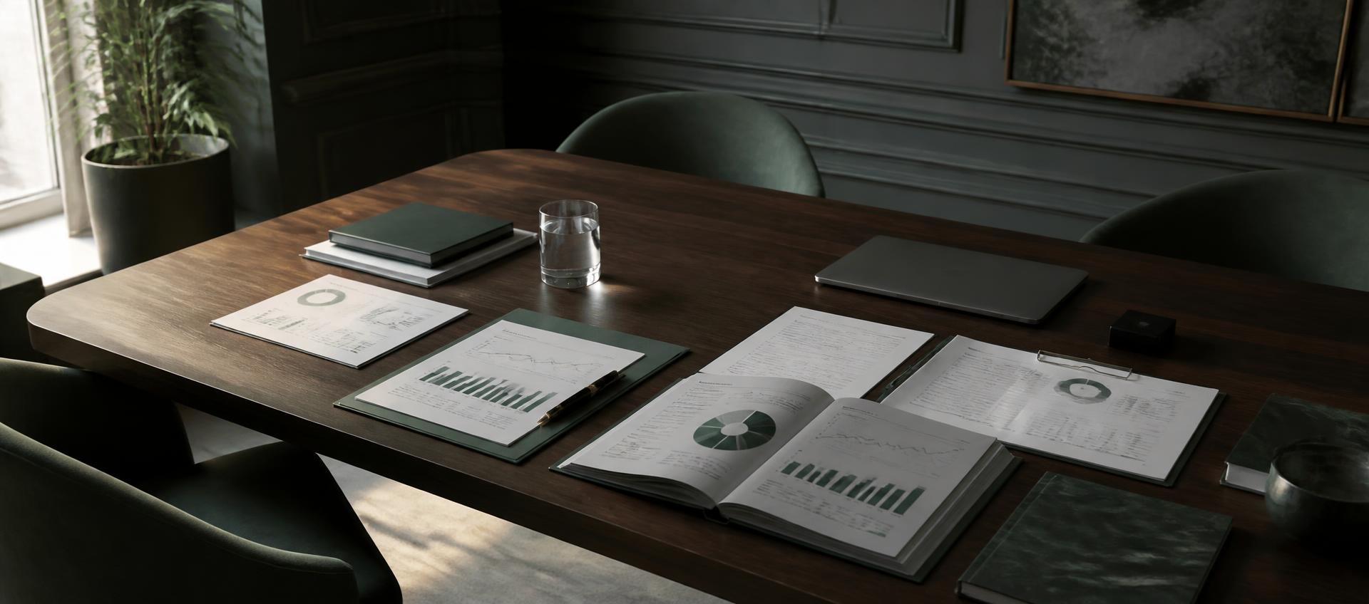 Financial reports, a clipboard and a laptop laid out on a dark meeting table