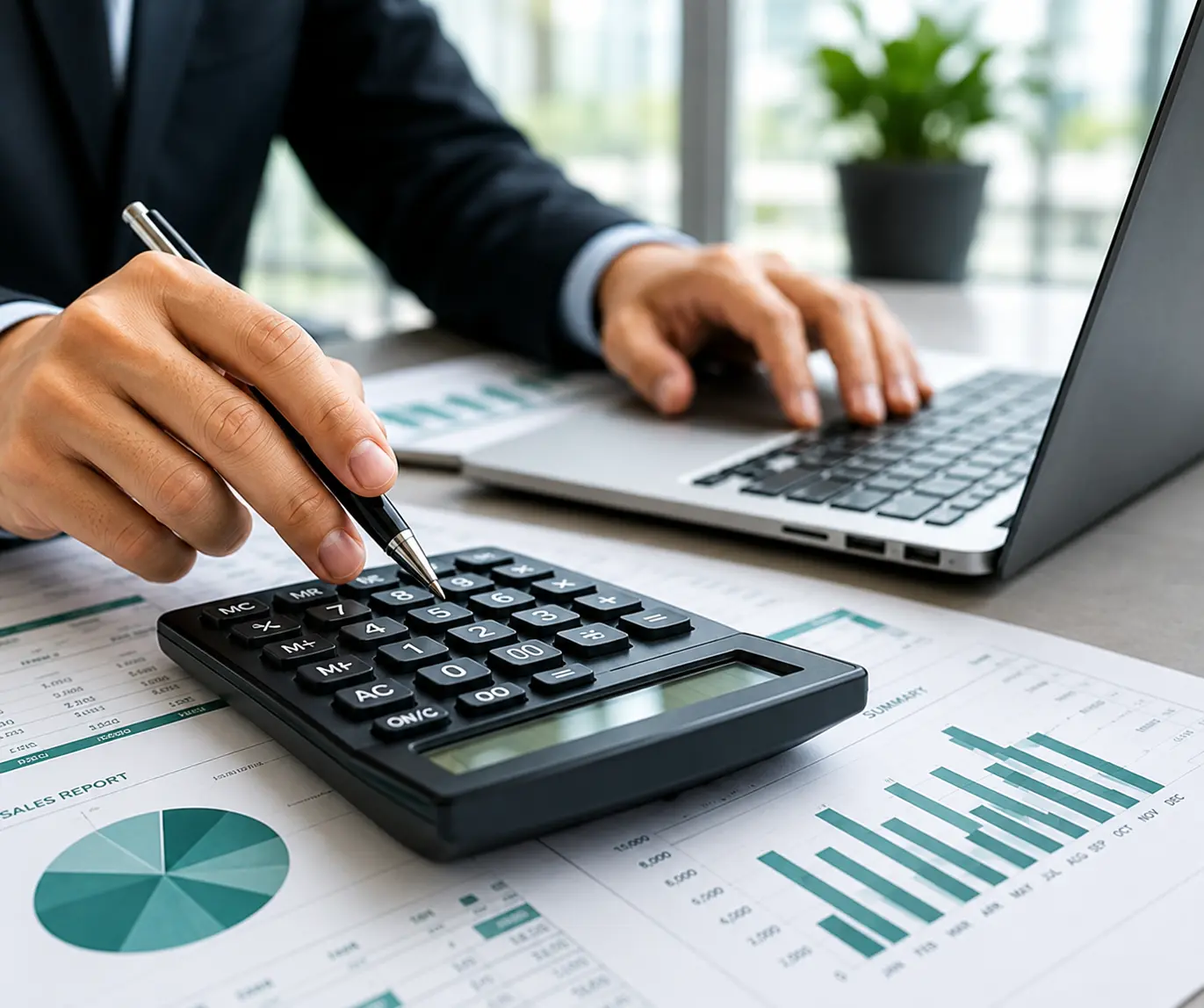 Advisor working through transaction figures on a calculator beside a laptop