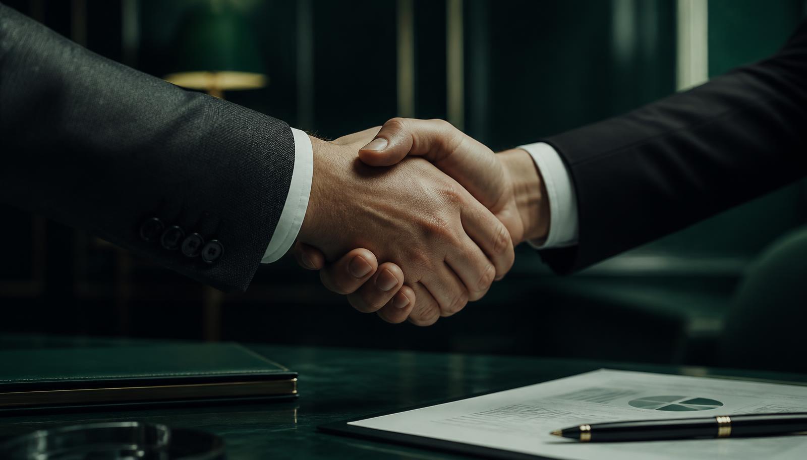 Close-up of a handshake over a signed engagement document