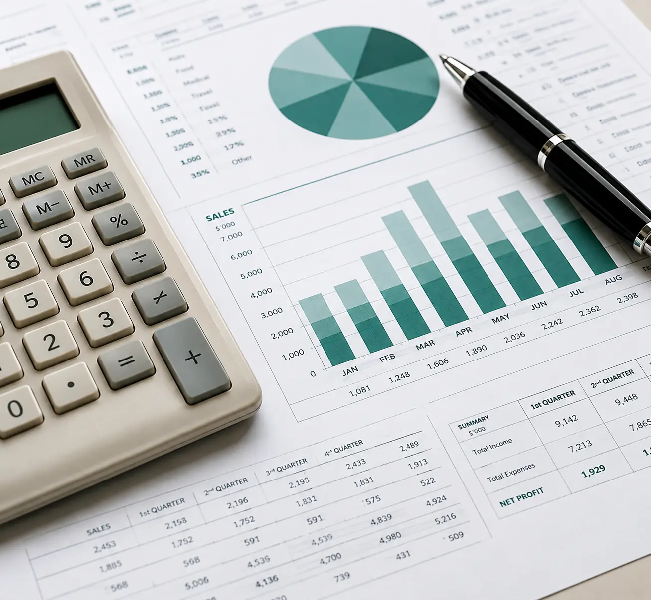 Calculator resting on quarterly tax and sales summaries with green charts