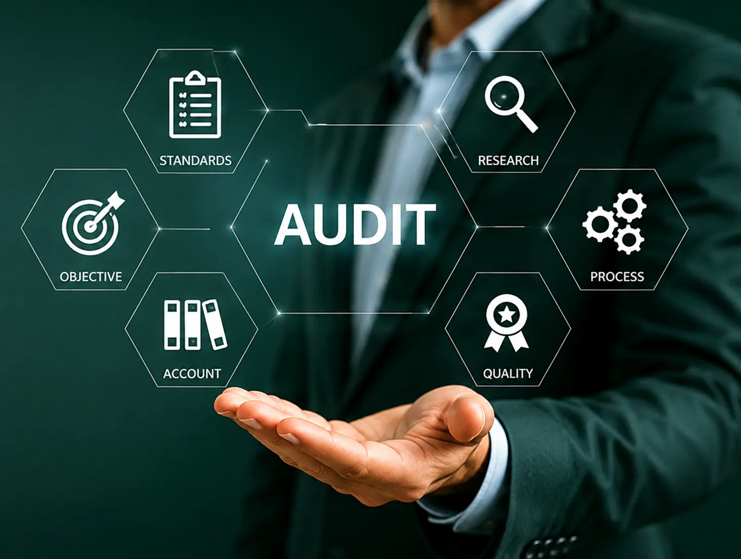 Audit framework diagram of standards, research, process and quality held in an open hand