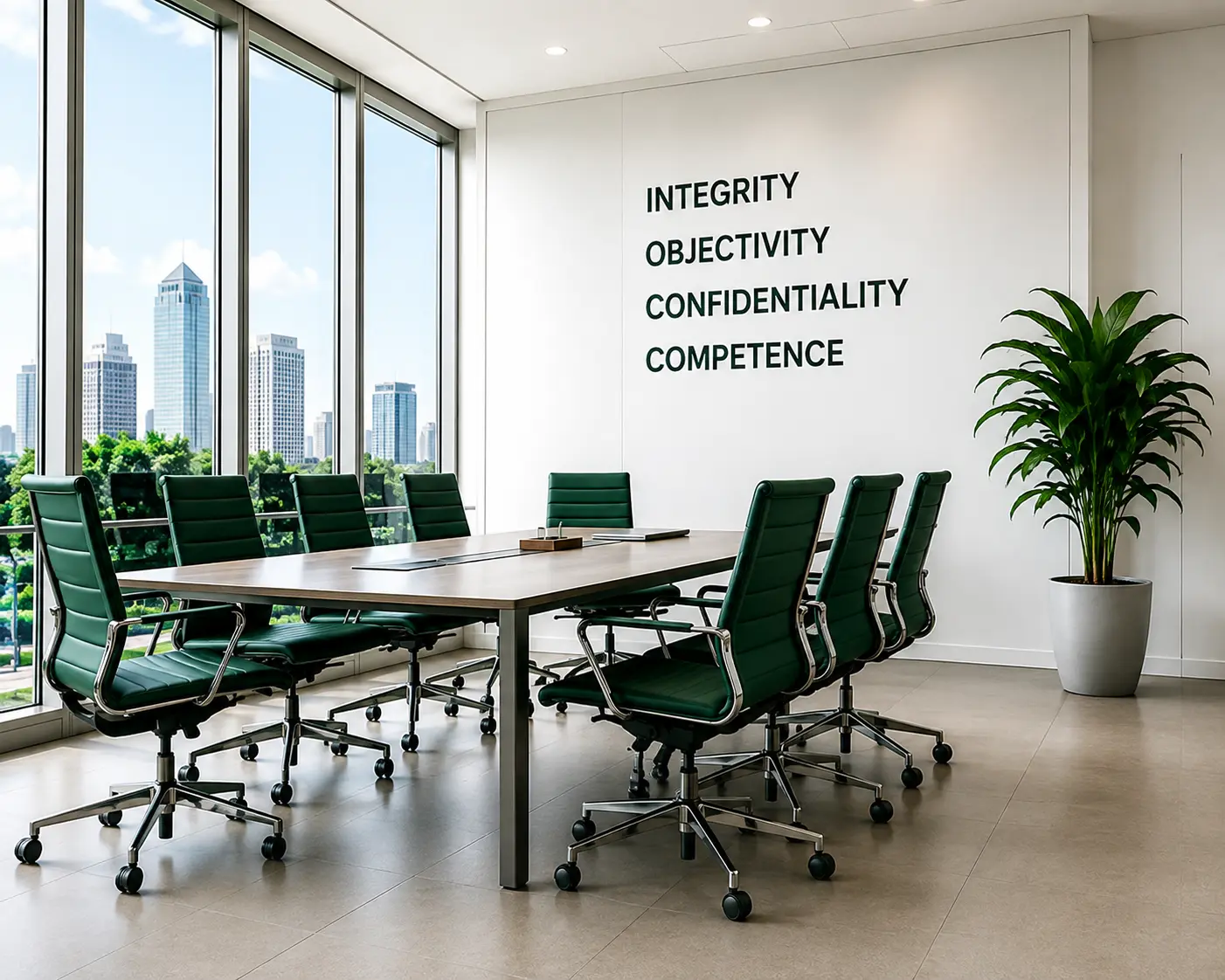 Boardroom with dark green chairs and a wall listing integrity, objectivity, confidentiality and competence